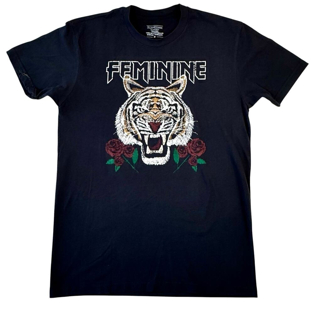Tiger and Roses Edgy Graphic Tee Titled “Feminine” by EllandEmm | Size Medium